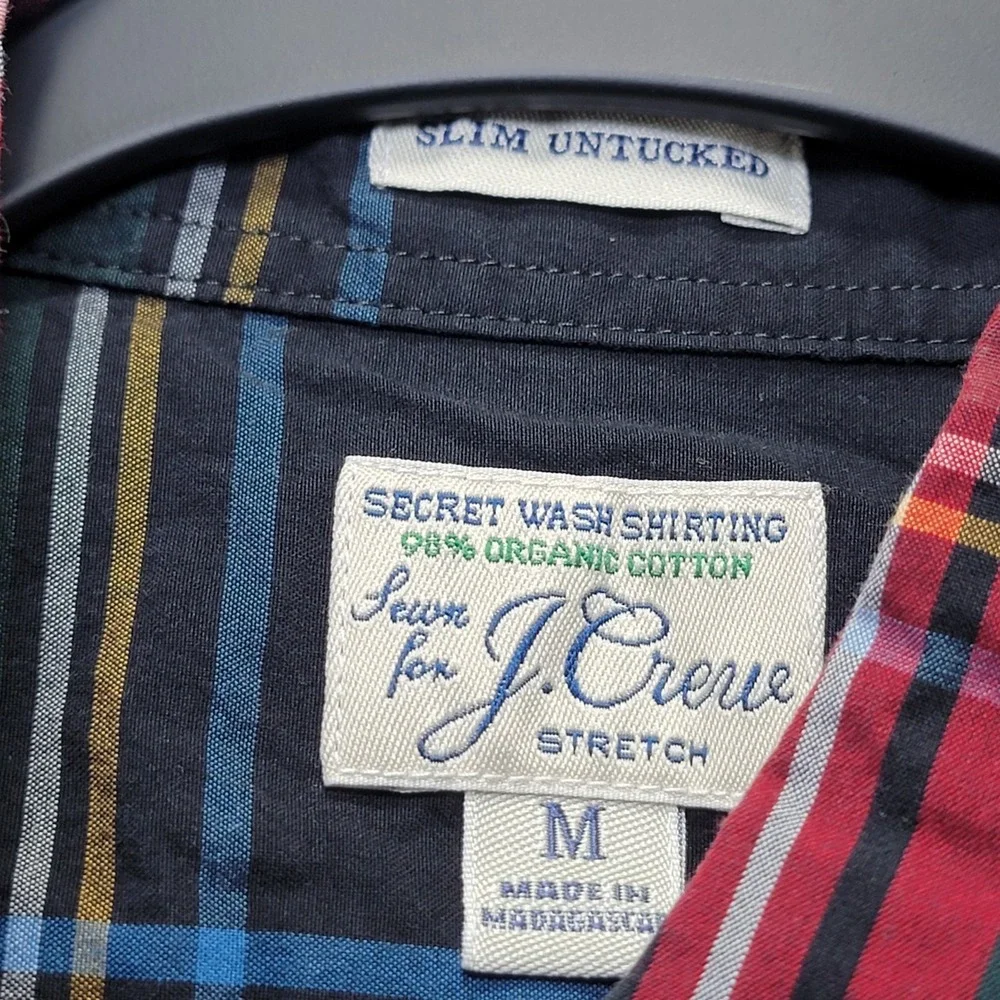 J. Crew Stretch Men Med Slim Untucked Shirt Button Down Green Red Plaid‎ Organic
